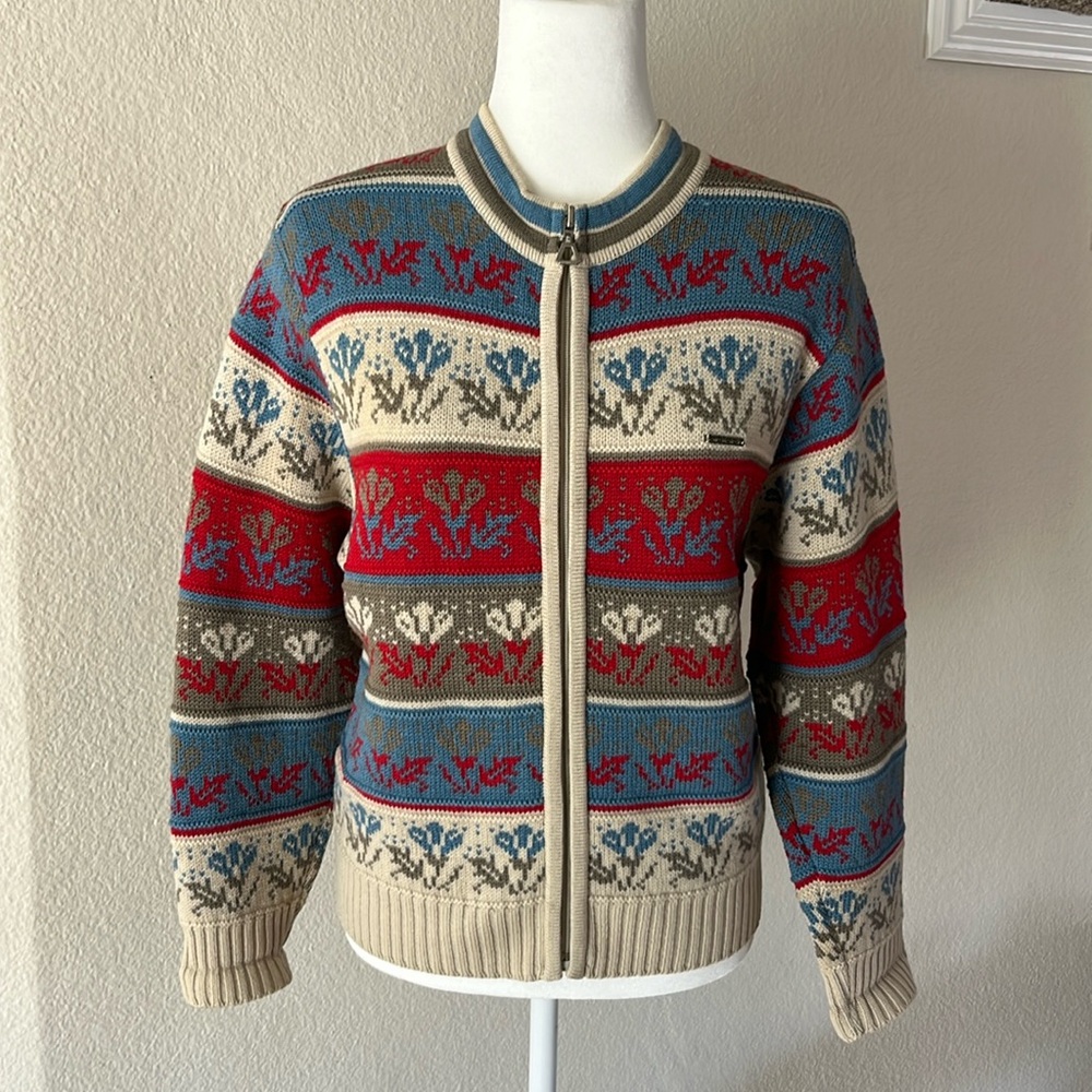 Geiger wool knit jacket.  Zip front. Size M. Pattern on front/cream solid back